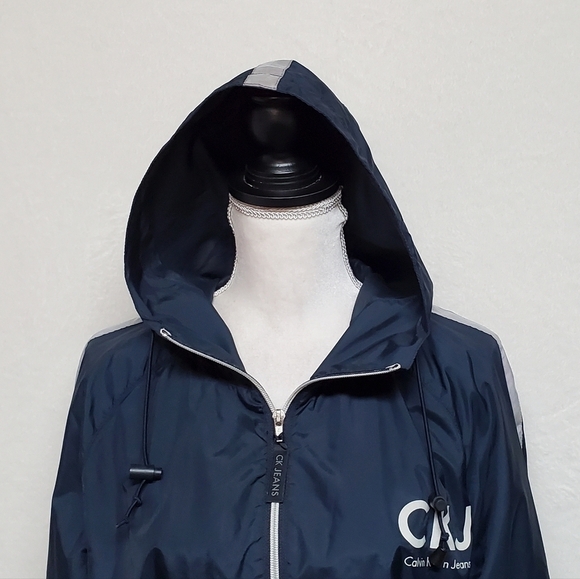 RARE Vintage 90s Calvin Klein Jeans Logo Front Full-zip Hooded Windbreaker Med - Picture 5 of 14